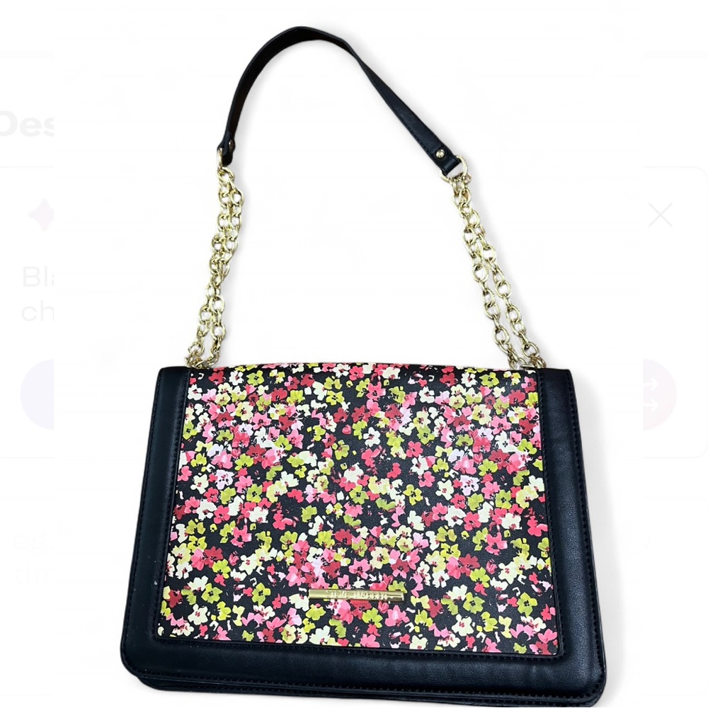 Steve Madden Black Bag with Colorful Floral Pattern and Gold Chain